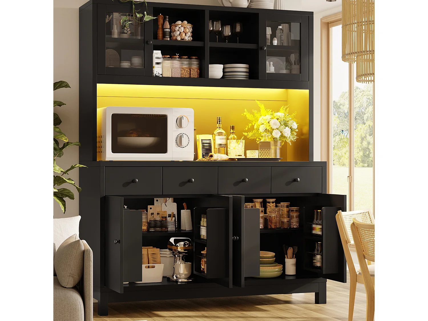 Keukendressoir 140 x 40 x 180 cm met LED-verlichting, 6 deuren en 4 lades - Zwart