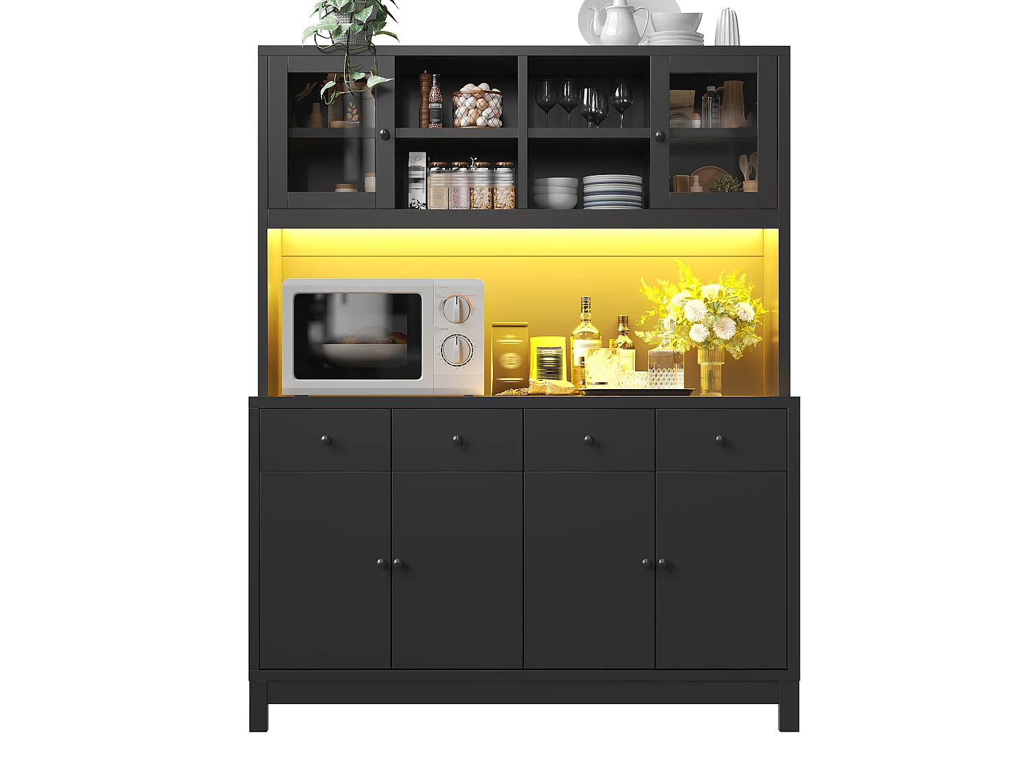 Keukendressoir 140 x 40 x 180 cm met LED-verlichting, 6 deuren en 4 lades - Zwart