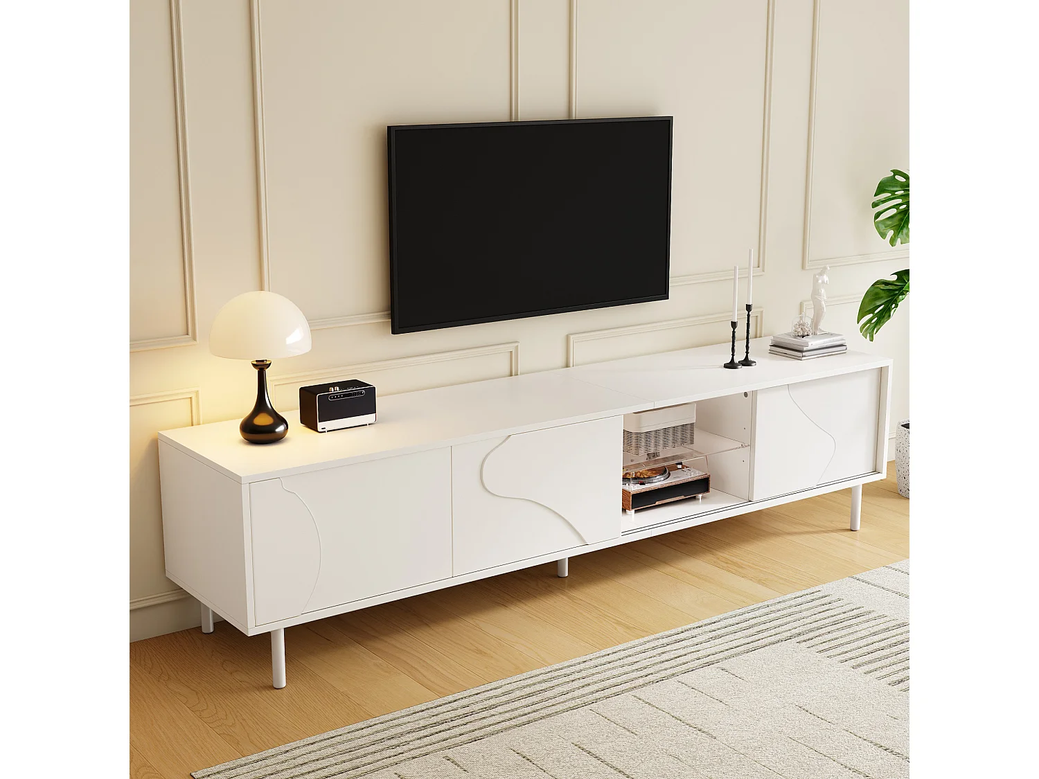Meuble TV LED avec 3 portes coulissantes - MDF et verre - Blanc