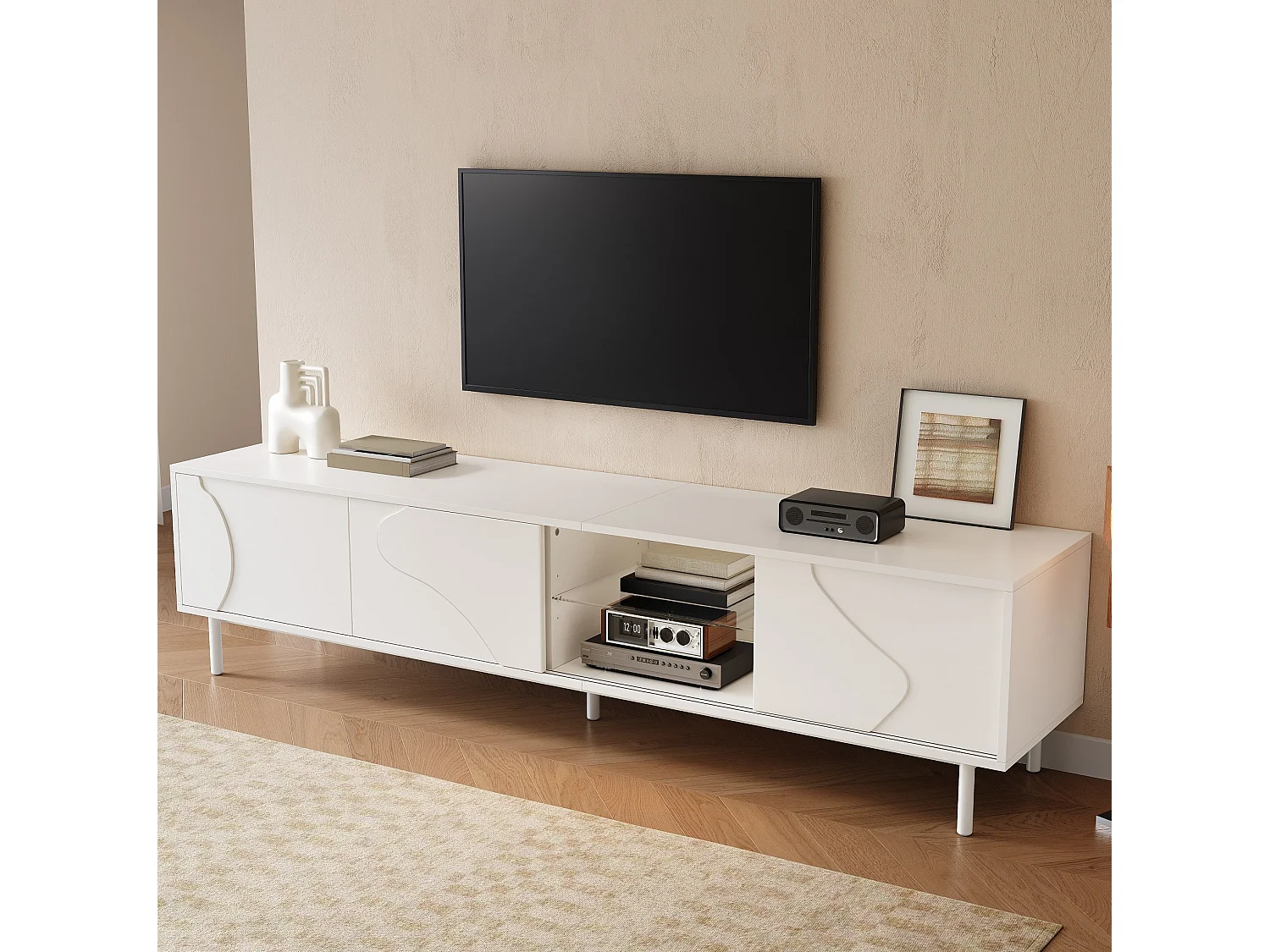 Meuble TV LED avec 3 portes coulissantes - MDF et verre - Blanc