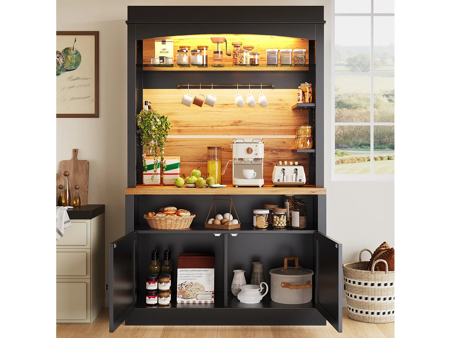 Lot de 2 buffets de cuisine noir avec LED, crochets et portes