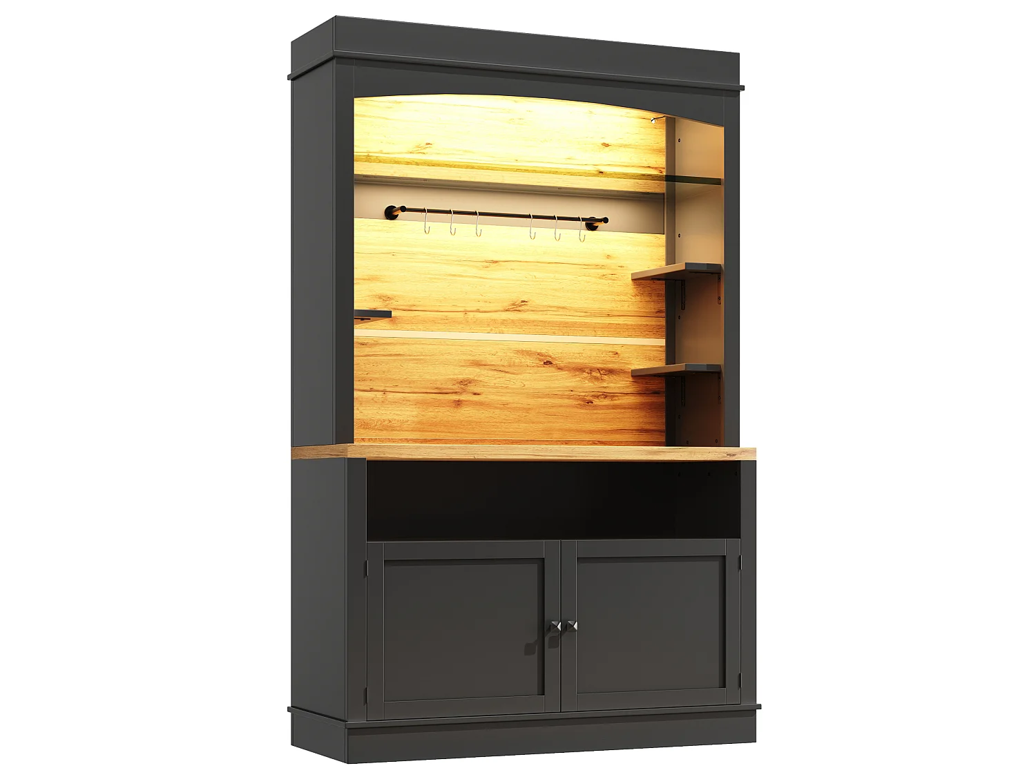 Lot de 2 buffets de cuisine noir avec LED, crochets et portes