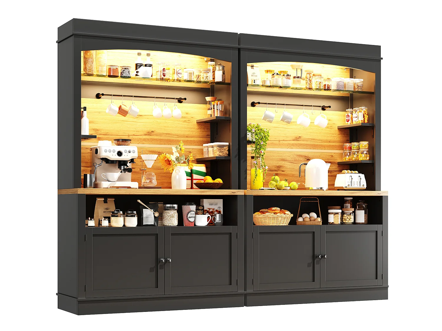 Lot de 2 buffets de cuisine noir avec LED, crochets et portes