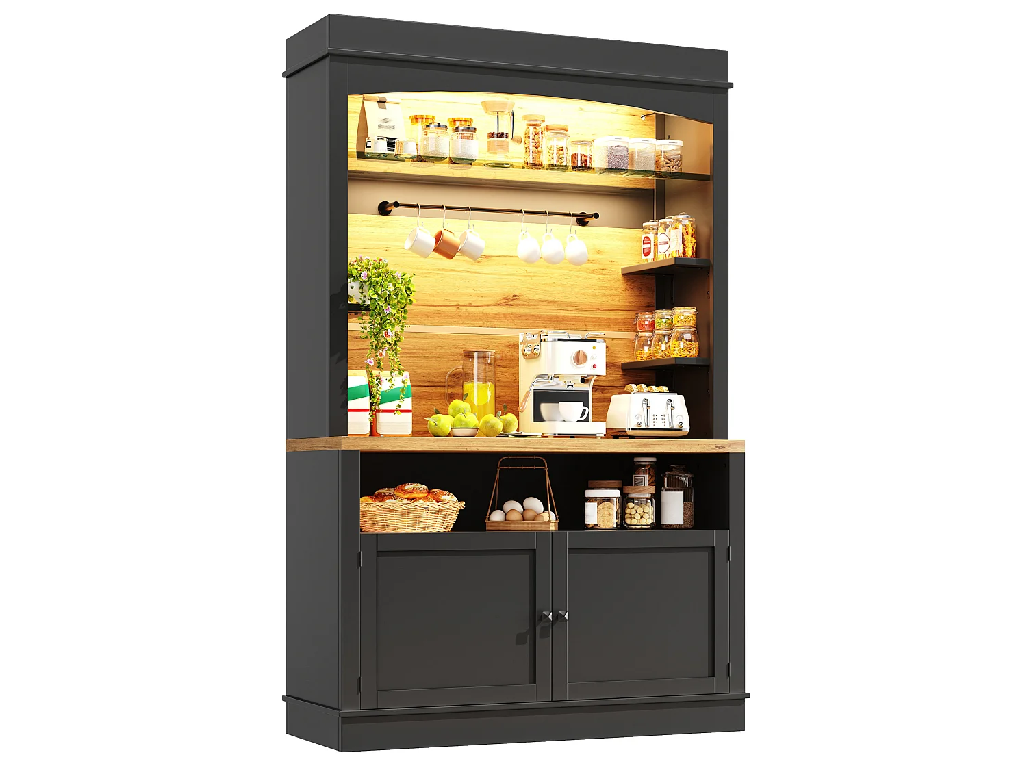 Lot de 2 buffets de cuisine noir avec LED, crochets et portes
