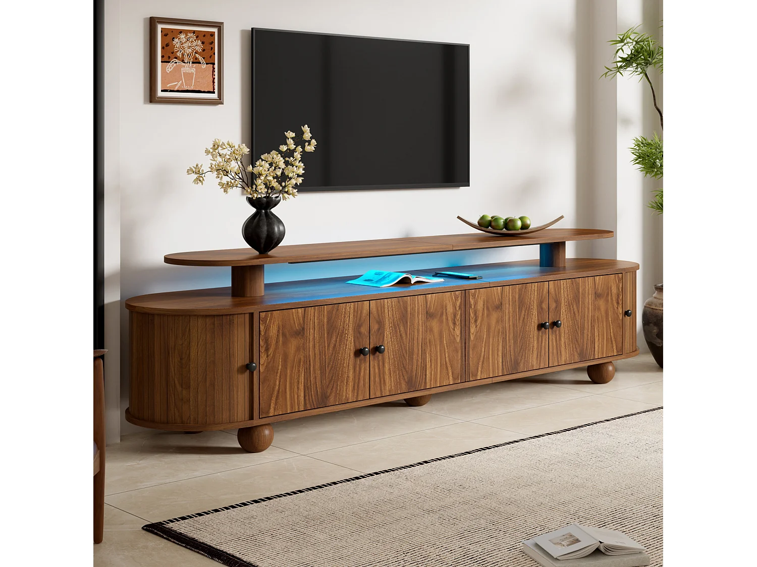 Ovale tv-standaard van 180 cm met ledverlichting, 4 deuren en 2 schuifdeuren - Bruin