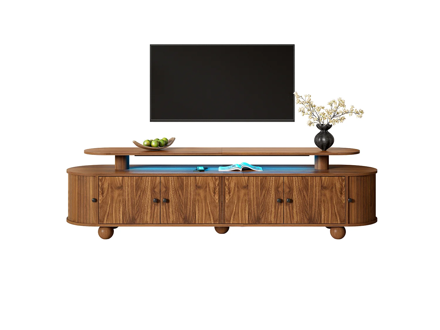 Ovale tv-standaard van 180 cm met ledverlichting, 4 deuren en 2 schuifdeuren - Bruin