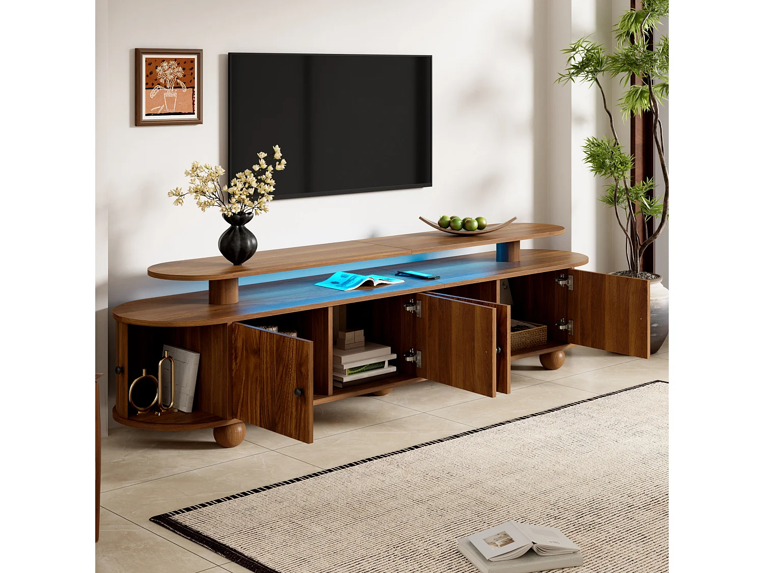 Ovale tv-standaard van 180 cm met ledverlichting, 4 deuren en 2 schuifdeuren - Bruin