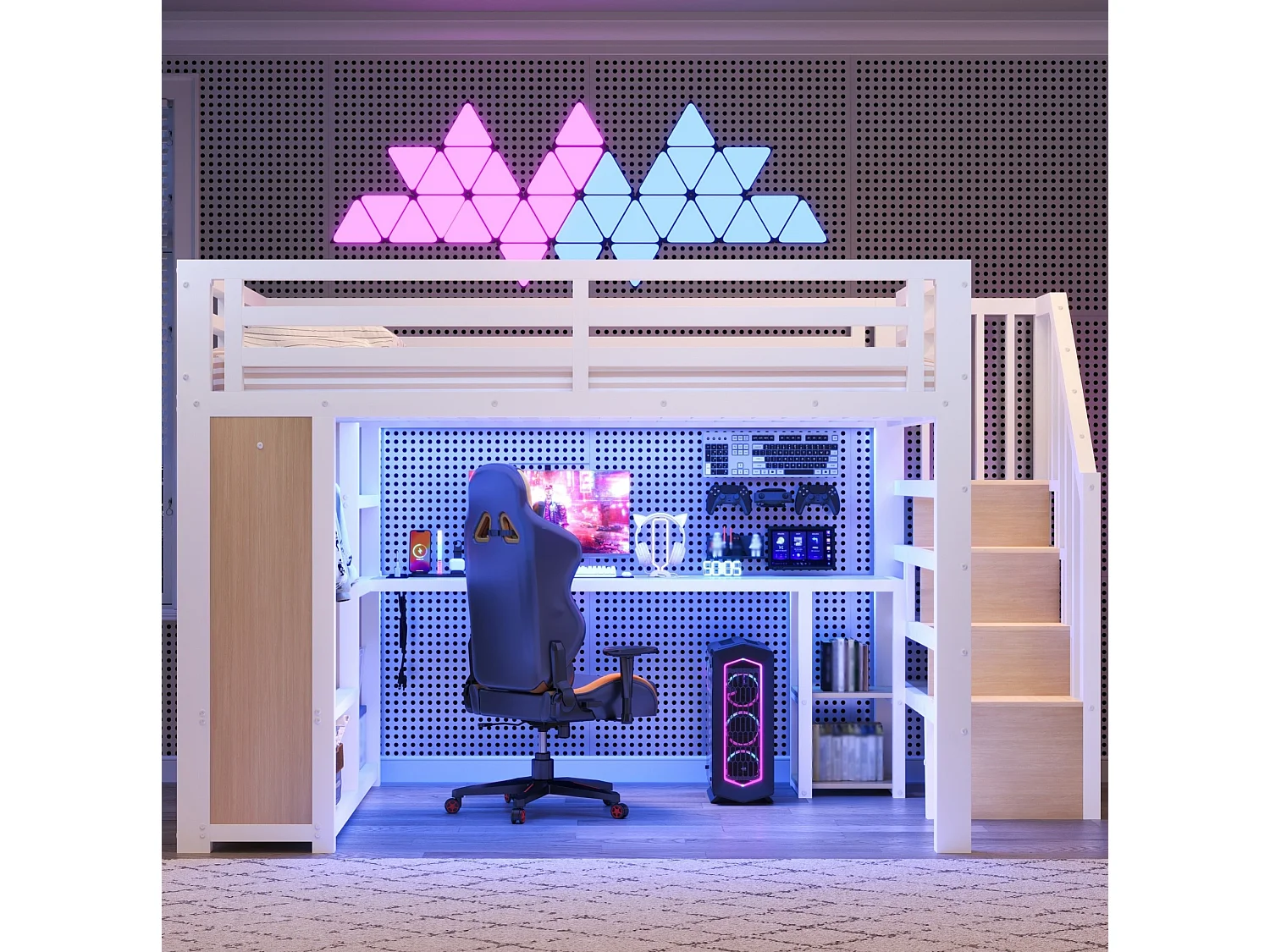 Metalen hoogslaper 140 x 200 cm met USB-poort, bureau en open kledingkast - Wit