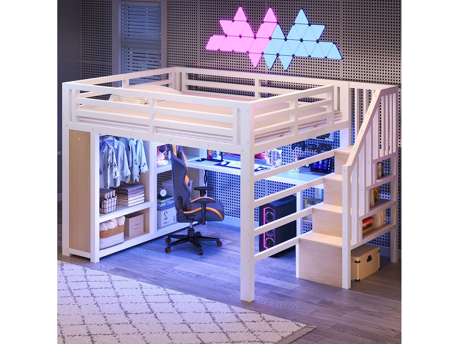 Metalen hoogslaper 140 x 200 cm met USB-poort, bureau en open kledingkast - Wit