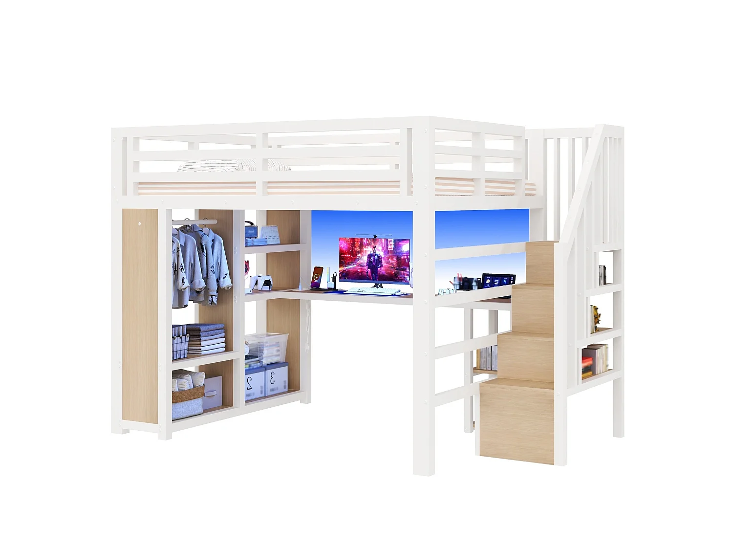 Metalen hoogslaper 140 x 200 cm met USB-poort, bureau en open kledingkast - Wit