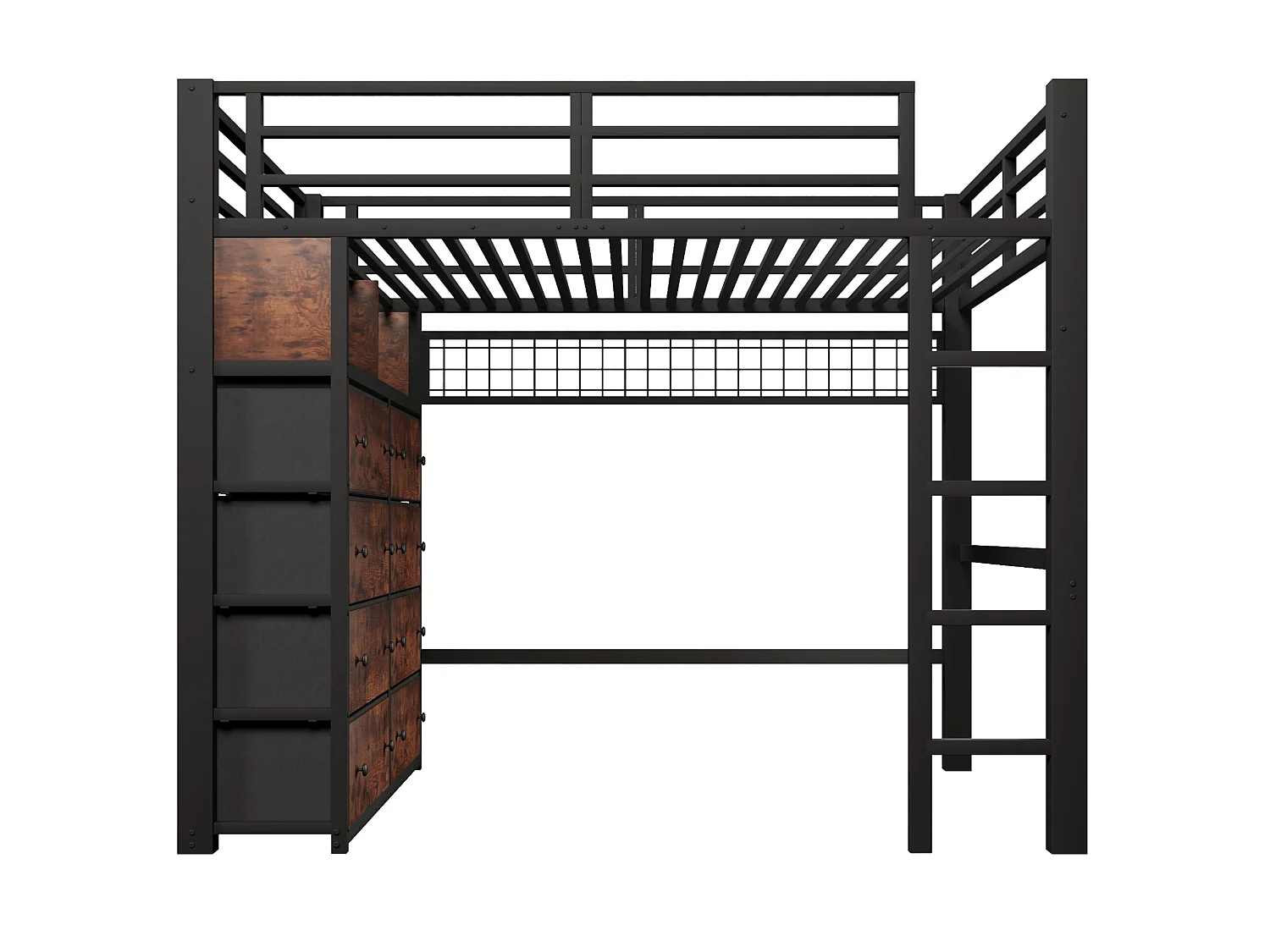 Letto a soppalco per adulti 140x200 cm in metallo con 8 cassetti e illuminazione a LED - Nero