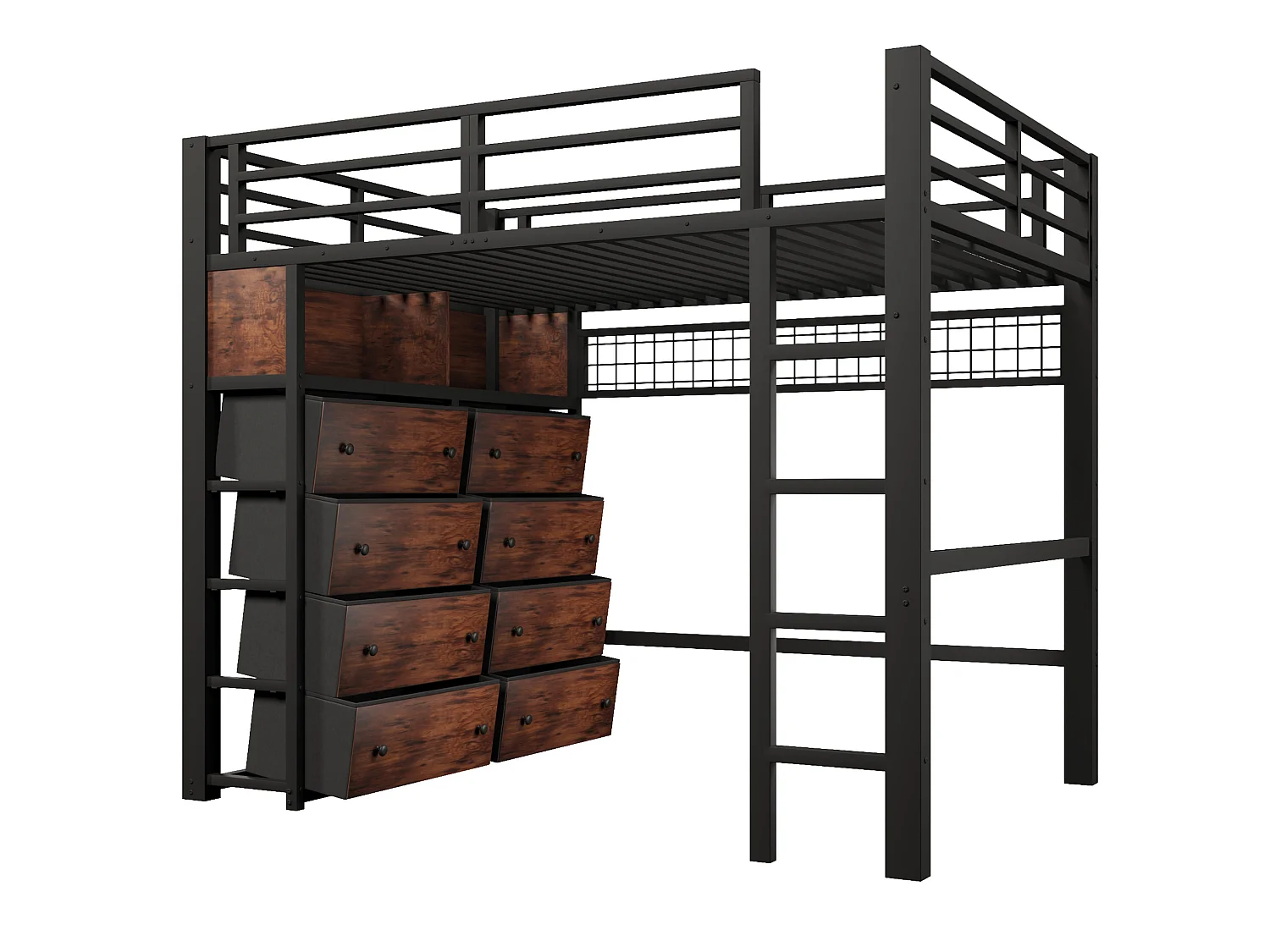 Letto a soppalco per adulti 140x200 cm in metallo con 8 cassetti e illuminazione a LED - Nero