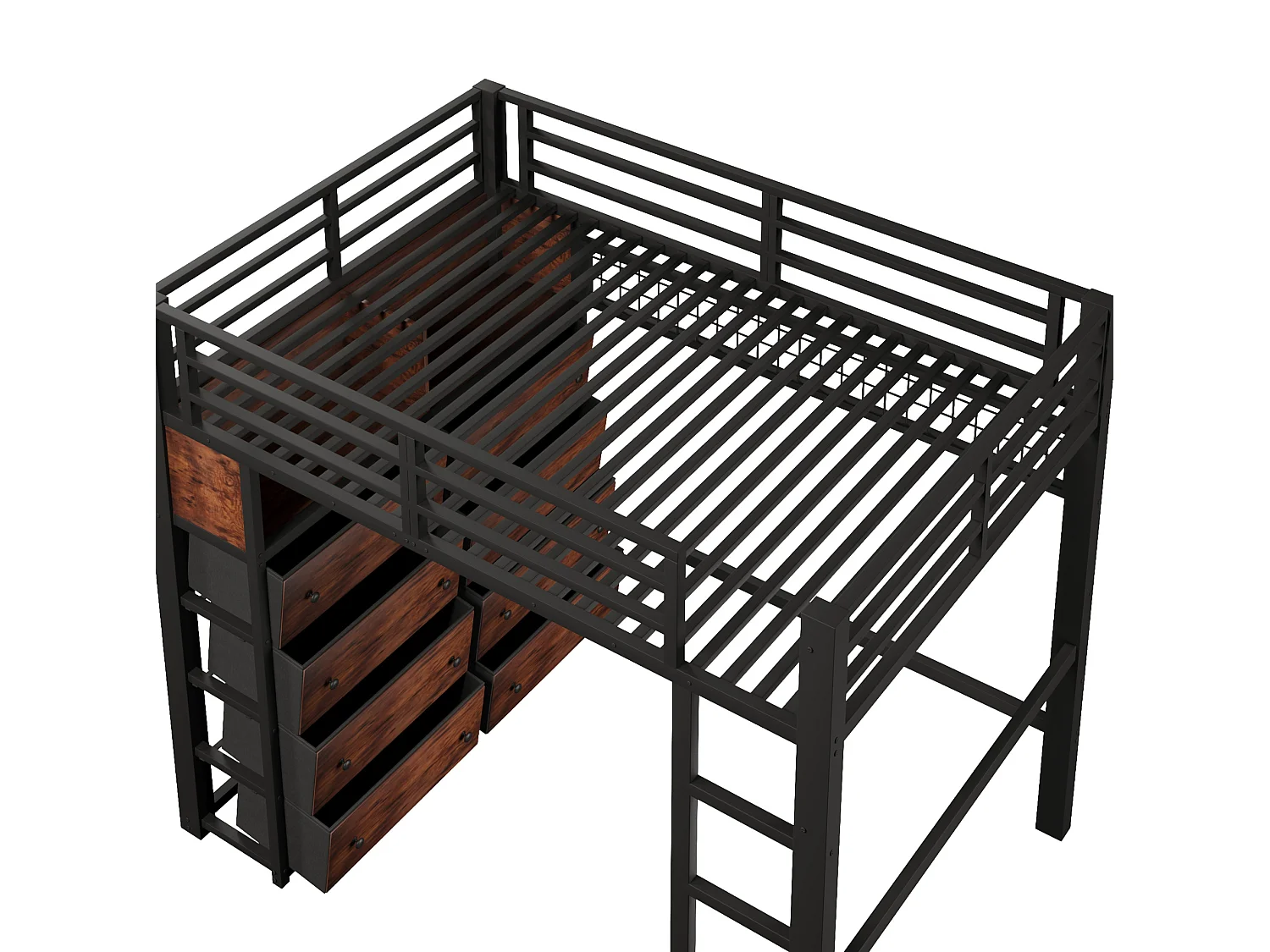 Letto a soppalco per adulti 140x200 cm in metallo con 8 cassetti e illuminazione a LED - Nero