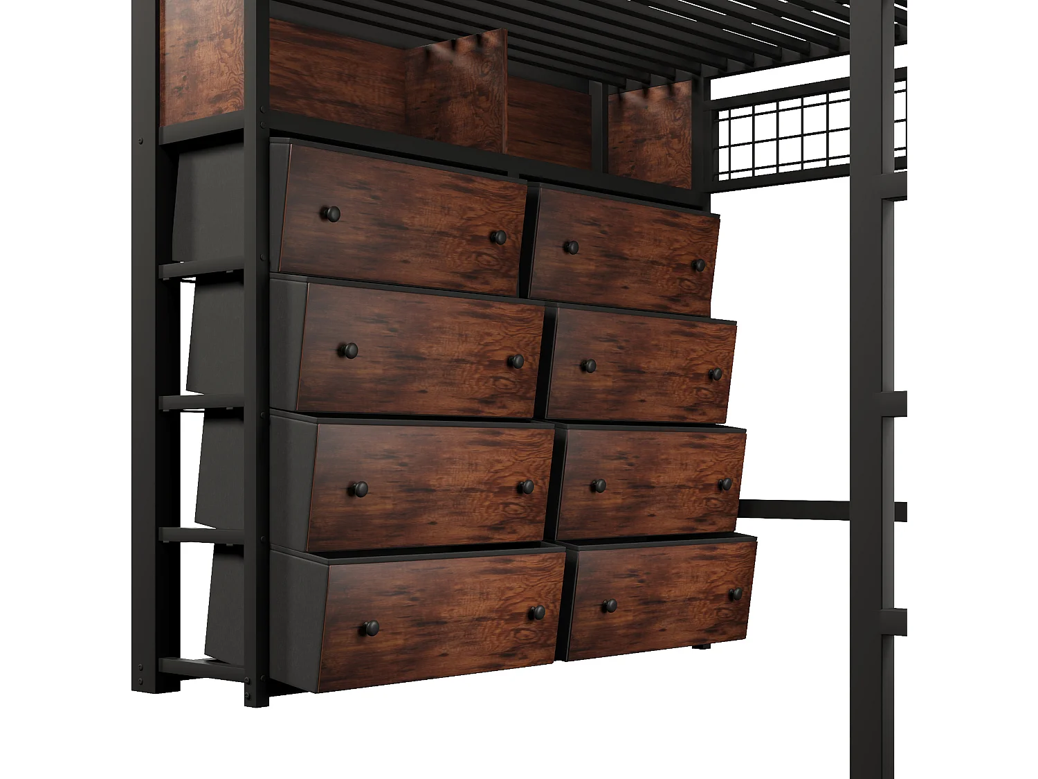 Letto a soppalco per adulti 140x200 cm in metallo con 8 cassetti e illuminazione a LED - Nero