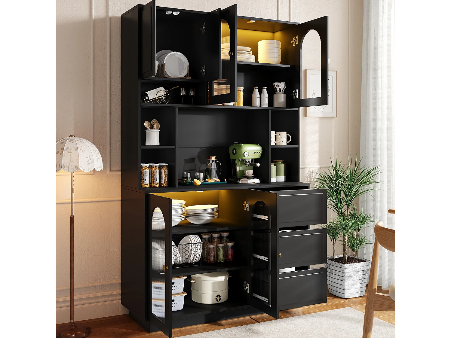 Balcão de cozinha com portas em acrílico, iluminação LED e 3 gavetas – Preto