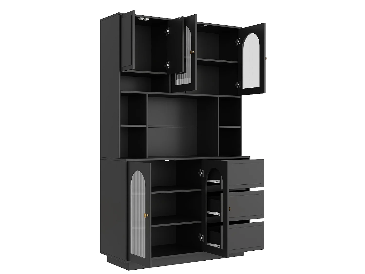 Balcão de cozinha com portas em acrílico, iluminação LED e 3 gavetas – Preto