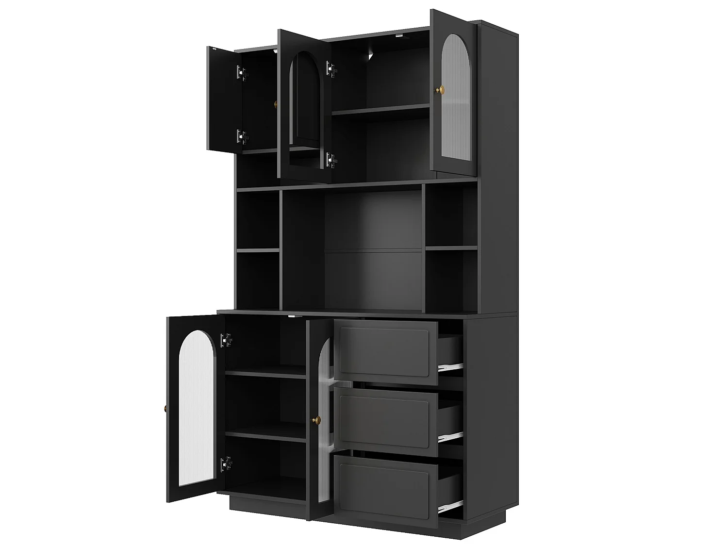 Balcão de cozinha com portas em acrílico, iluminação LED e 3 gavetas – Preto