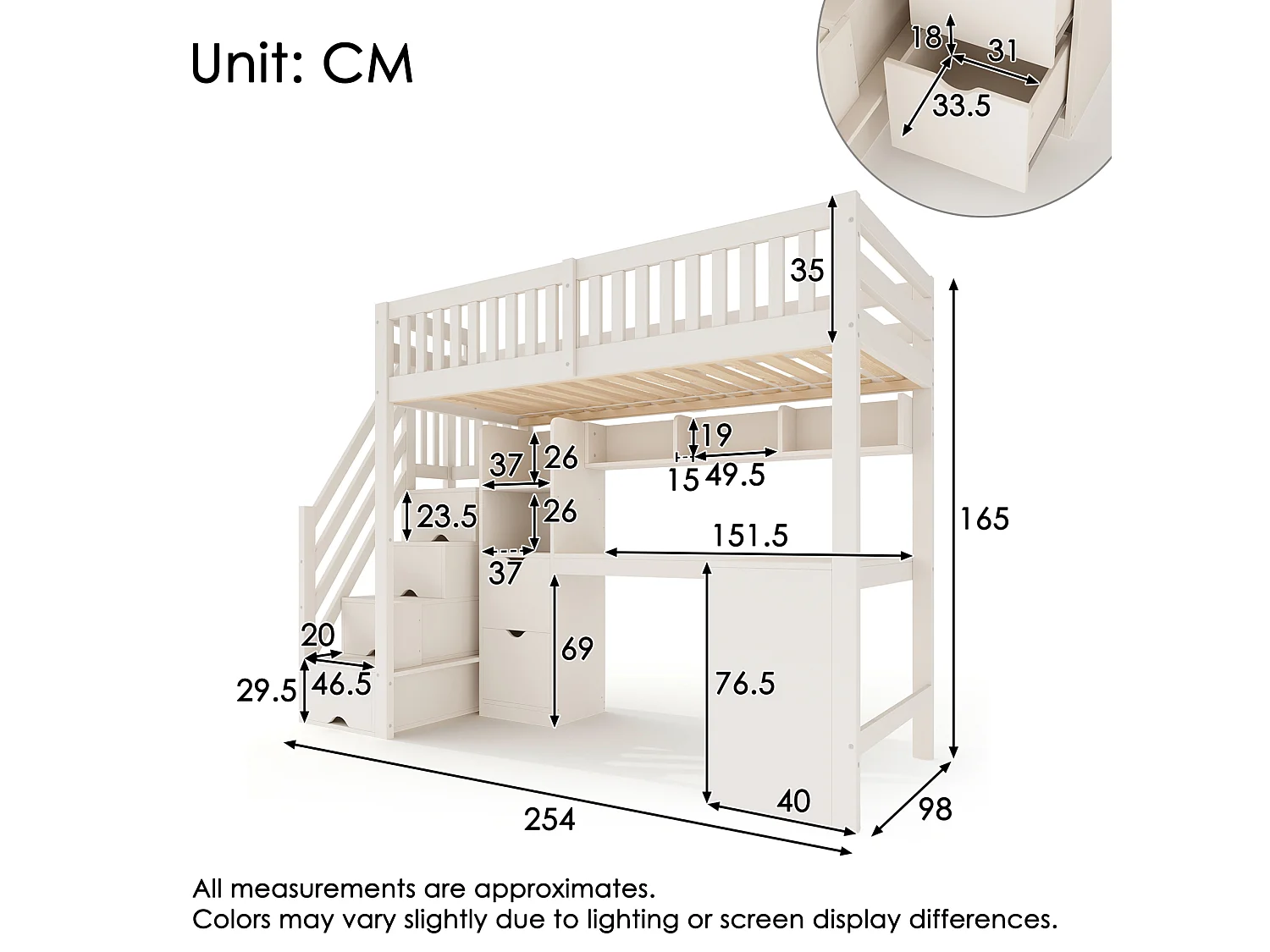 Lit mezzanine enfant 90x200 cm avec bureau d'angle et rangements - Blanc