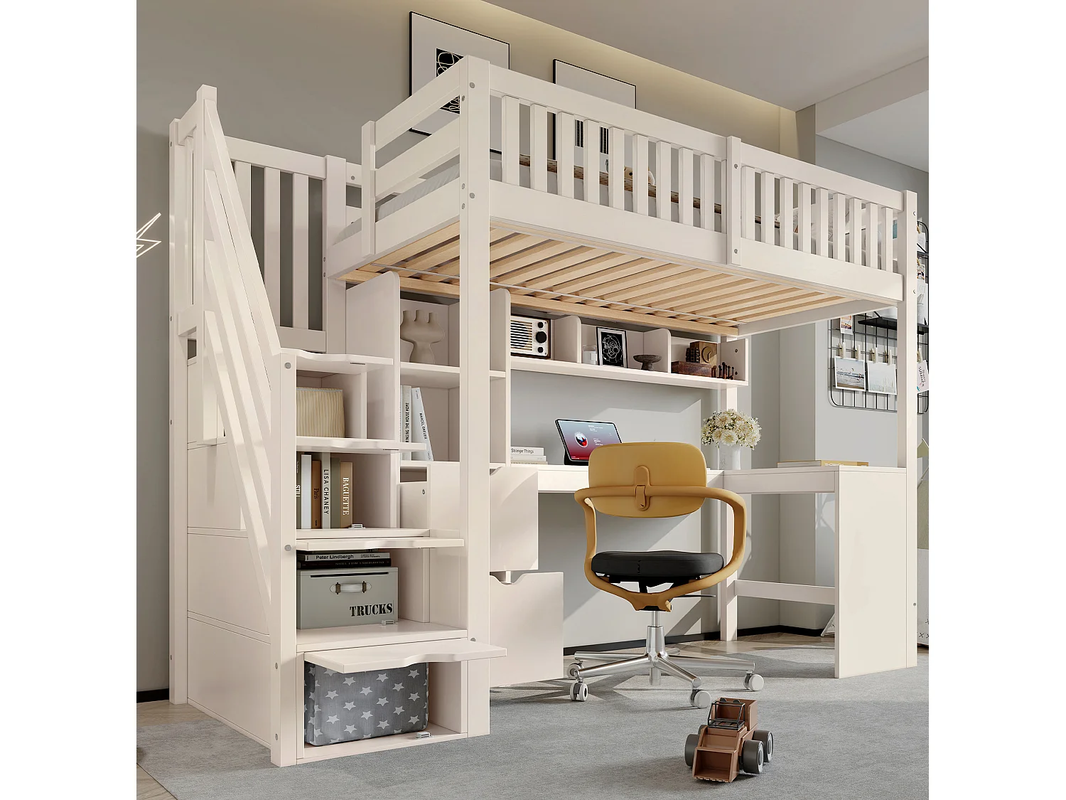 Lit mezzanine enfant 90x200 cm avec bureau d'angle et rangements - Blanc