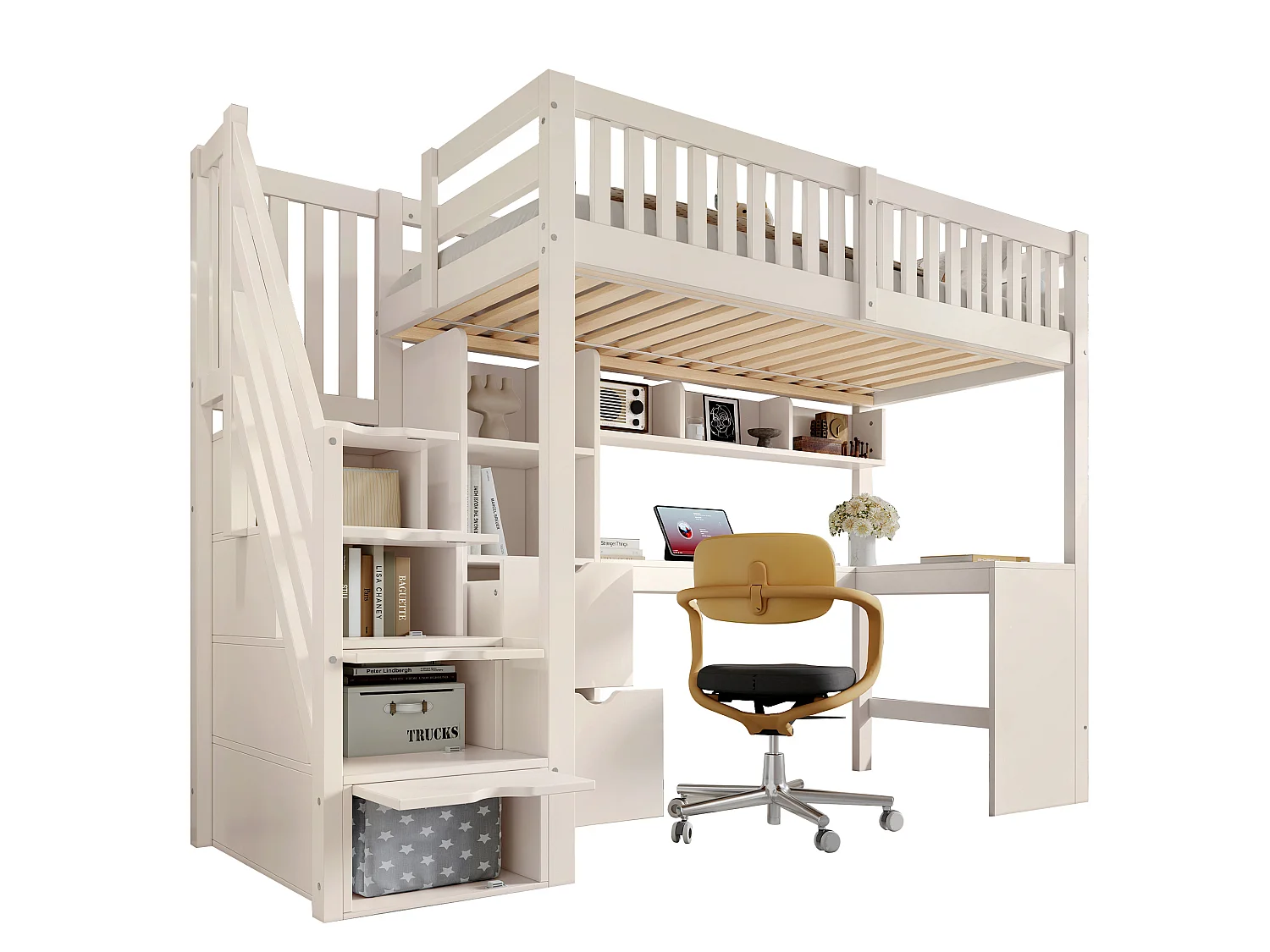 Lit mezzanine enfant 90x200 cm avec bureau d'angle et rangements - Blanc