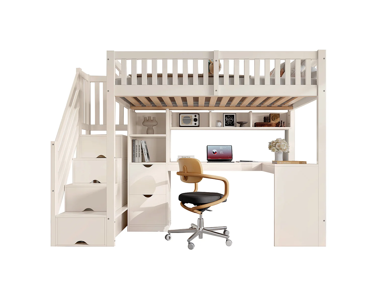 Lit mezzanine enfant 90x200 cm avec bureau d'angle et rangements - Blanc