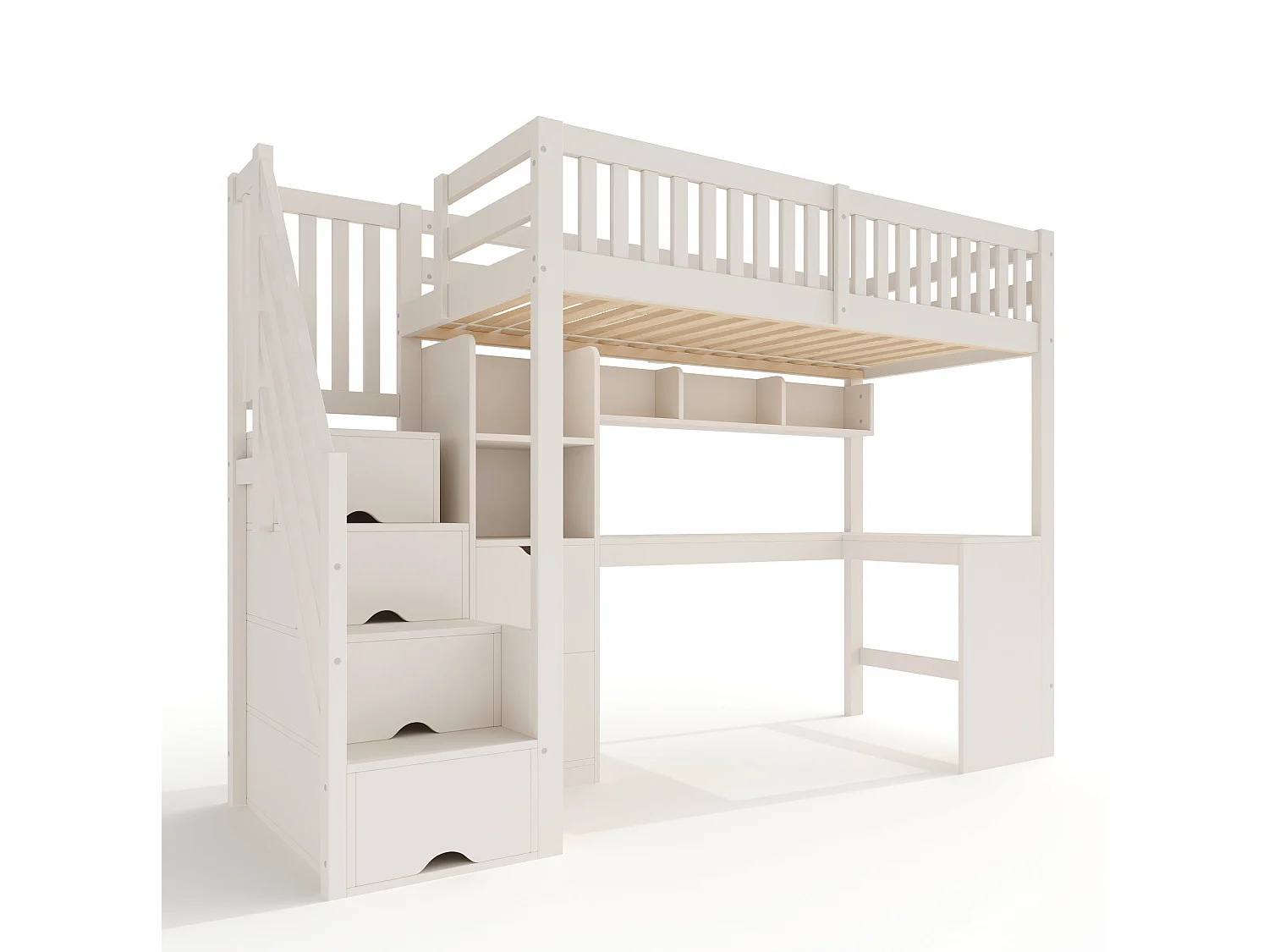 Lit mezzanine enfant 90x200 cm avec bureau d'angle et rangements - Blanc