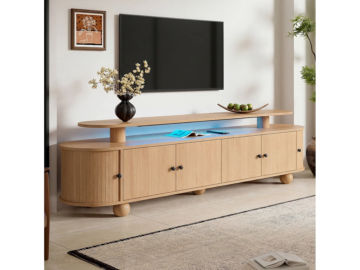 Ovale tv-standaard van 180 cm met ledverlichting, 4 deuren en 2 schuifdeuren - Licht naturel