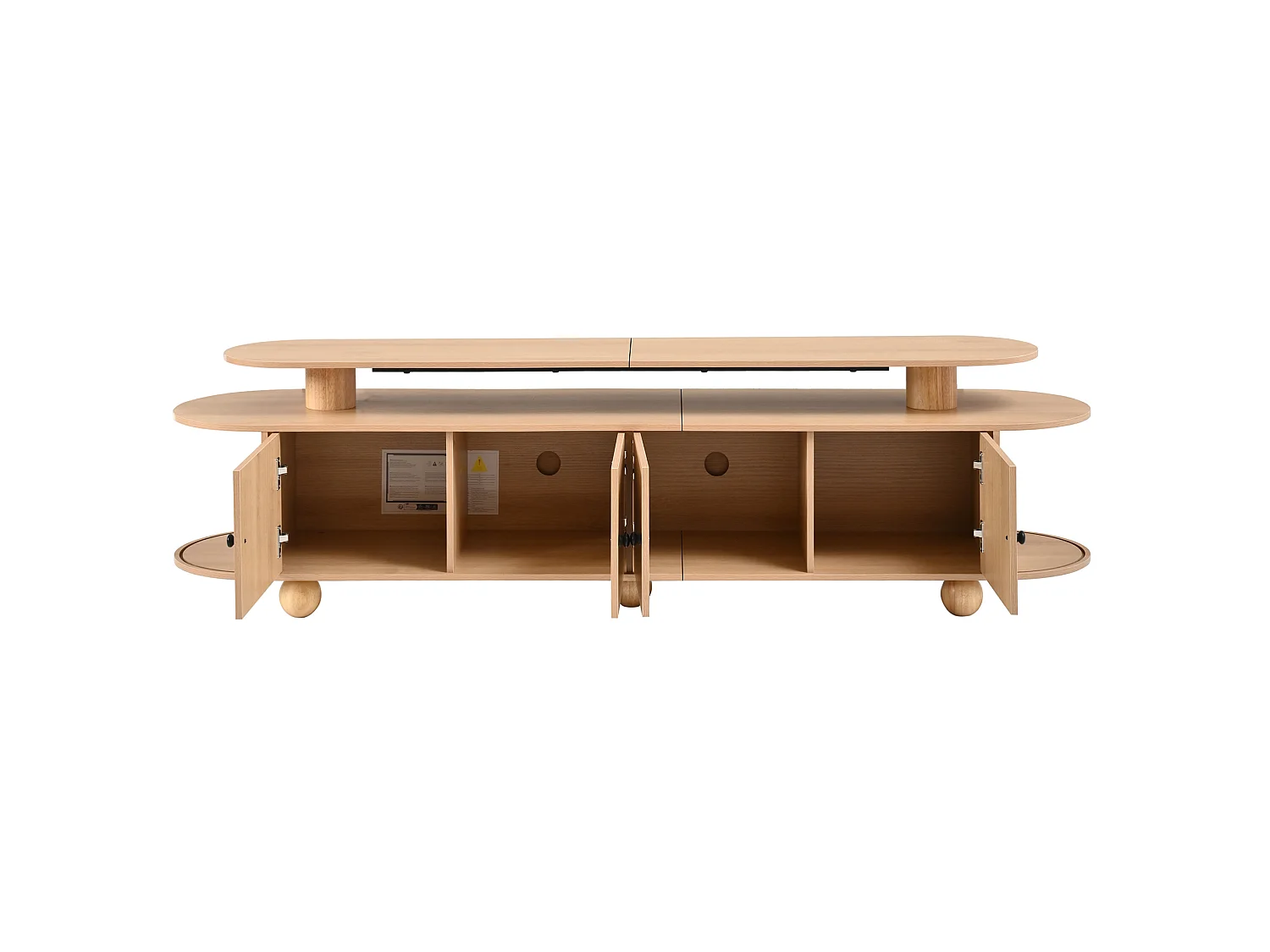 Ovale tv-standaard van 180 cm met ledverlichting, 4 deuren en 2 schuifdeuren - Licht naturel