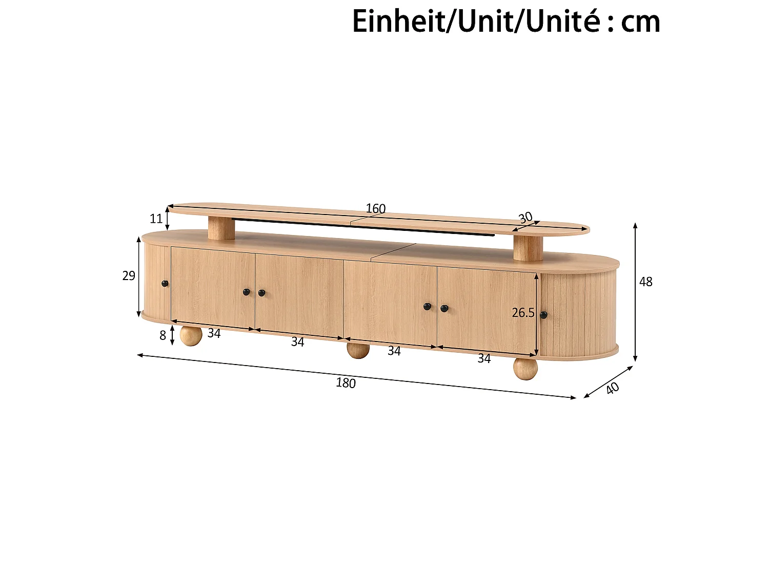 Ovale tv-standaard van 180 cm met ledverlichting, 4 deuren en 2 schuifdeuren - Licht naturel