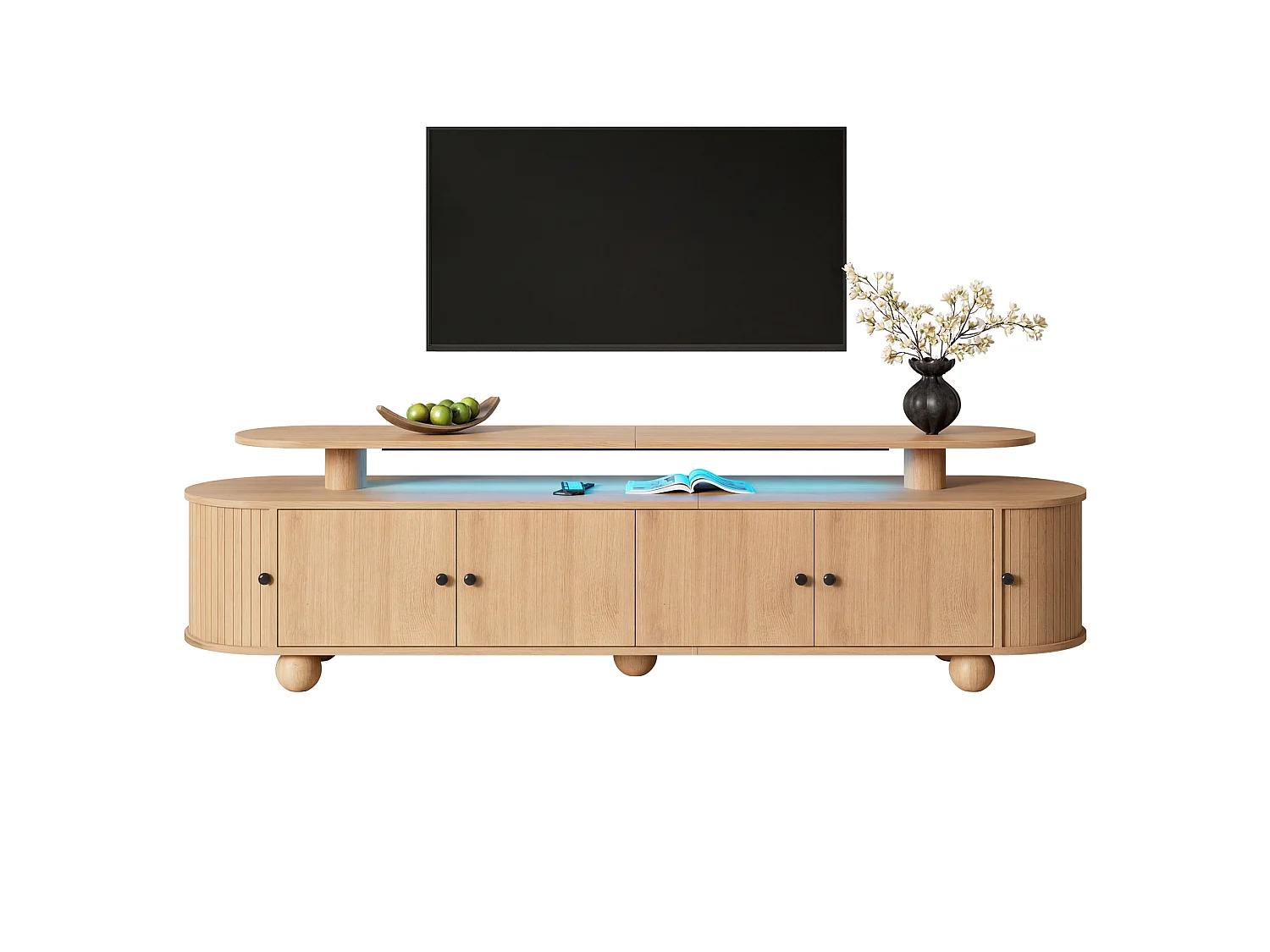 Ovale tv-standaard van 180 cm met ledverlichting, 4 deuren en 2 schuifdeuren - Licht naturel