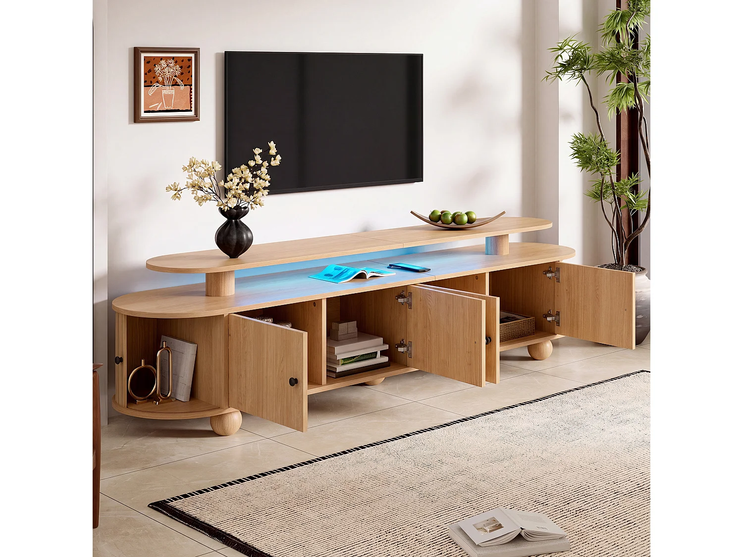 Ovale tv-standaard van 180 cm met ledverlichting, 4 deuren en 2 schuifdeuren - Licht naturel