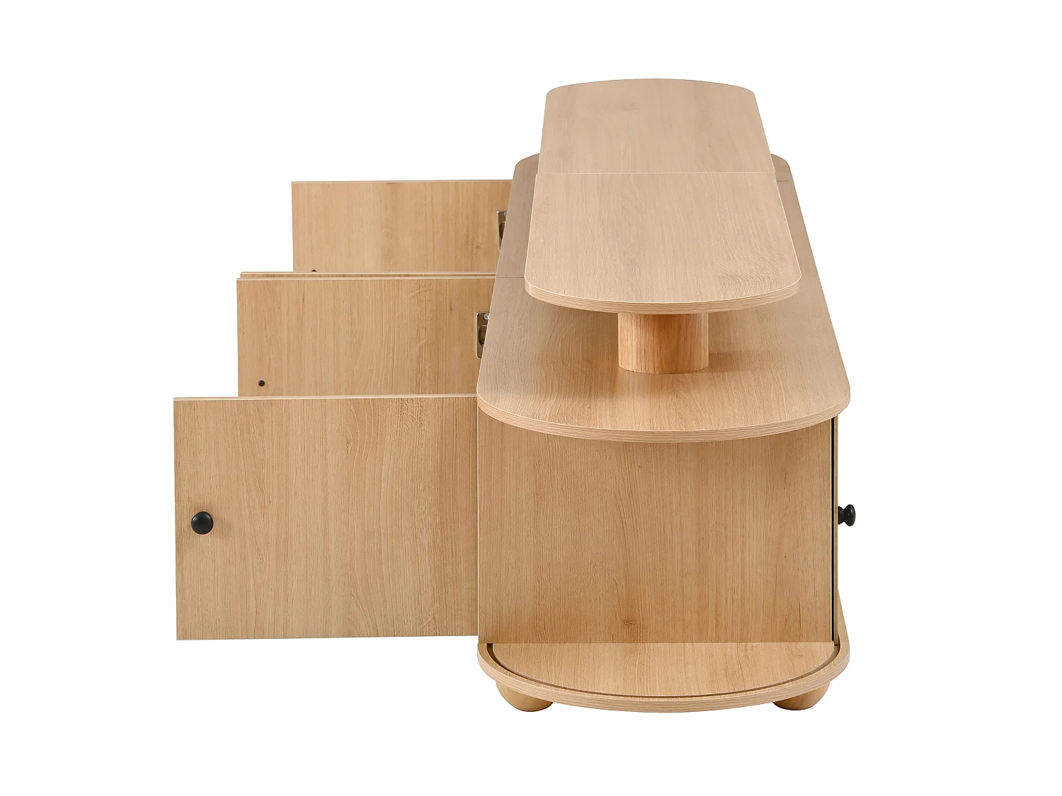 Ovale tv-standaard van 180 cm met ledverlichting, 4 deuren en 2 schuifdeuren - Licht naturel