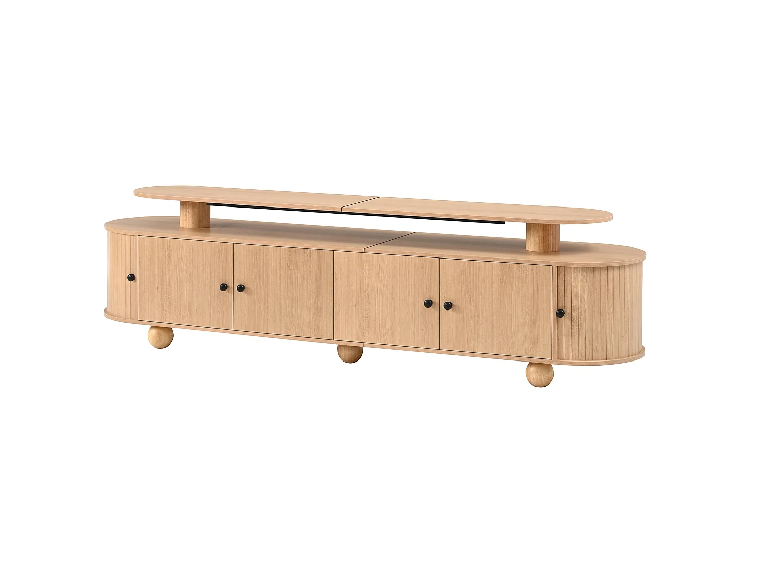 Ovale tv-standaard van 180 cm met ledverlichting, 4 deuren en 2 schuifdeuren - Licht naturel