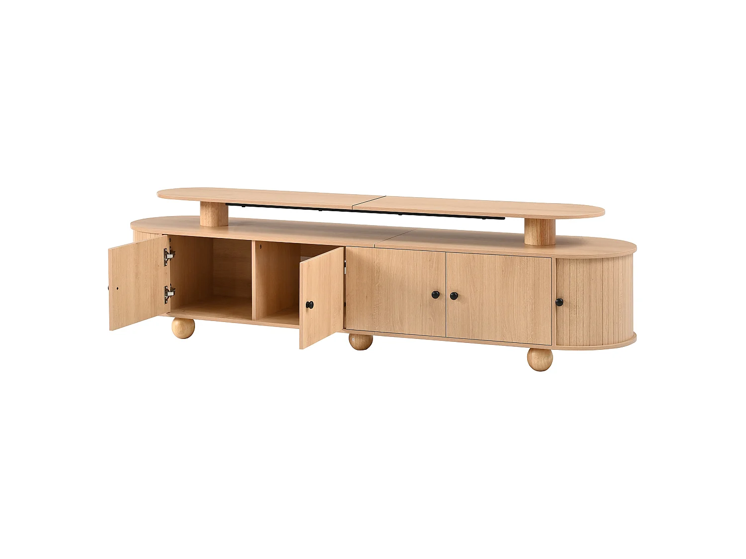 Ovale tv-standaard van 180 cm met ledverlichting, 4 deuren en 2 schuifdeuren - Licht naturel