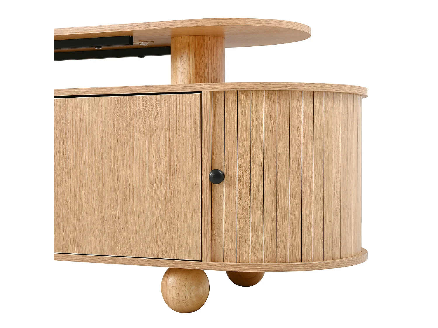 Ovale tv-standaard van 180 cm met ledverlichting, 4 deuren en 2 schuifdeuren - Licht naturel
