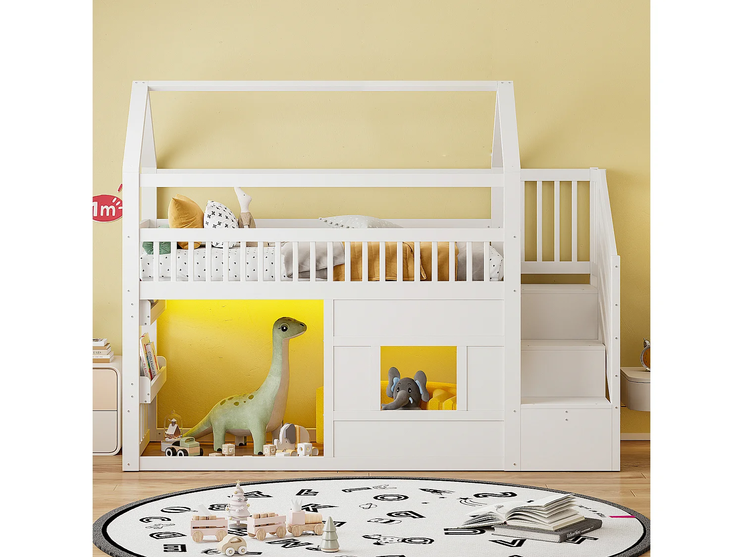 Lit mezzanine enfant 90x200 cm avec escalier de rangement et LED - Lit cabane en bois blanc