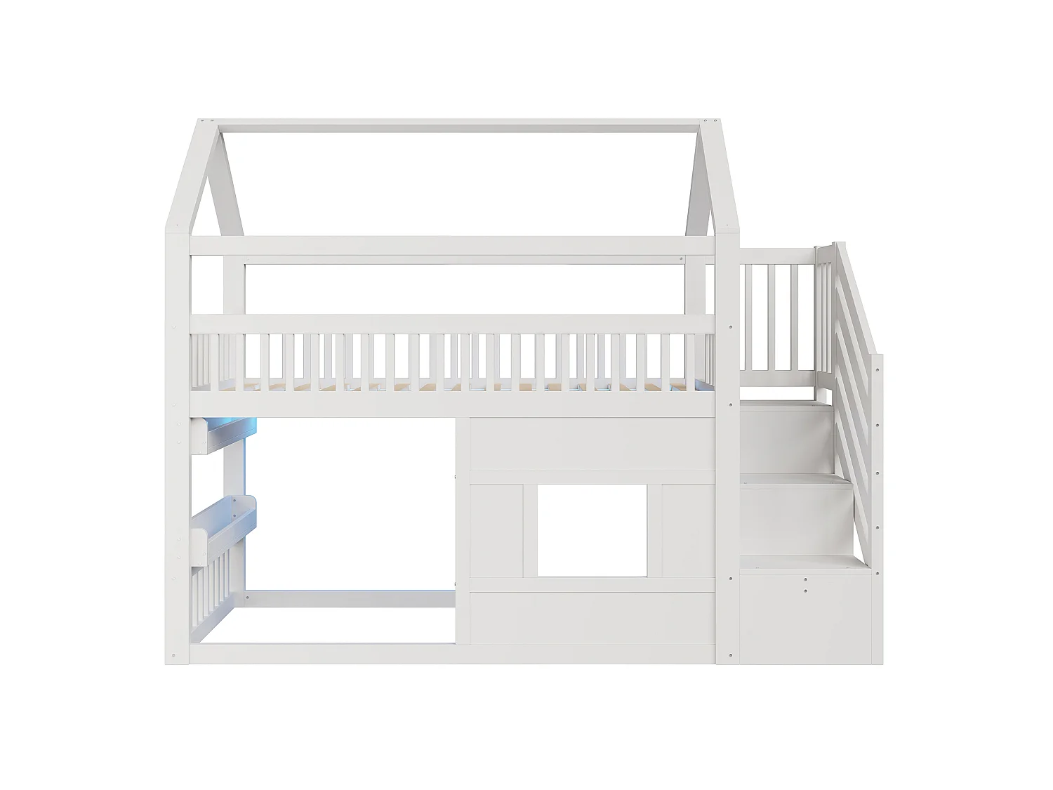 Lit mezzanine enfant 90x200 cm avec escalier de rangement et LED - Lit cabane en bois blanc