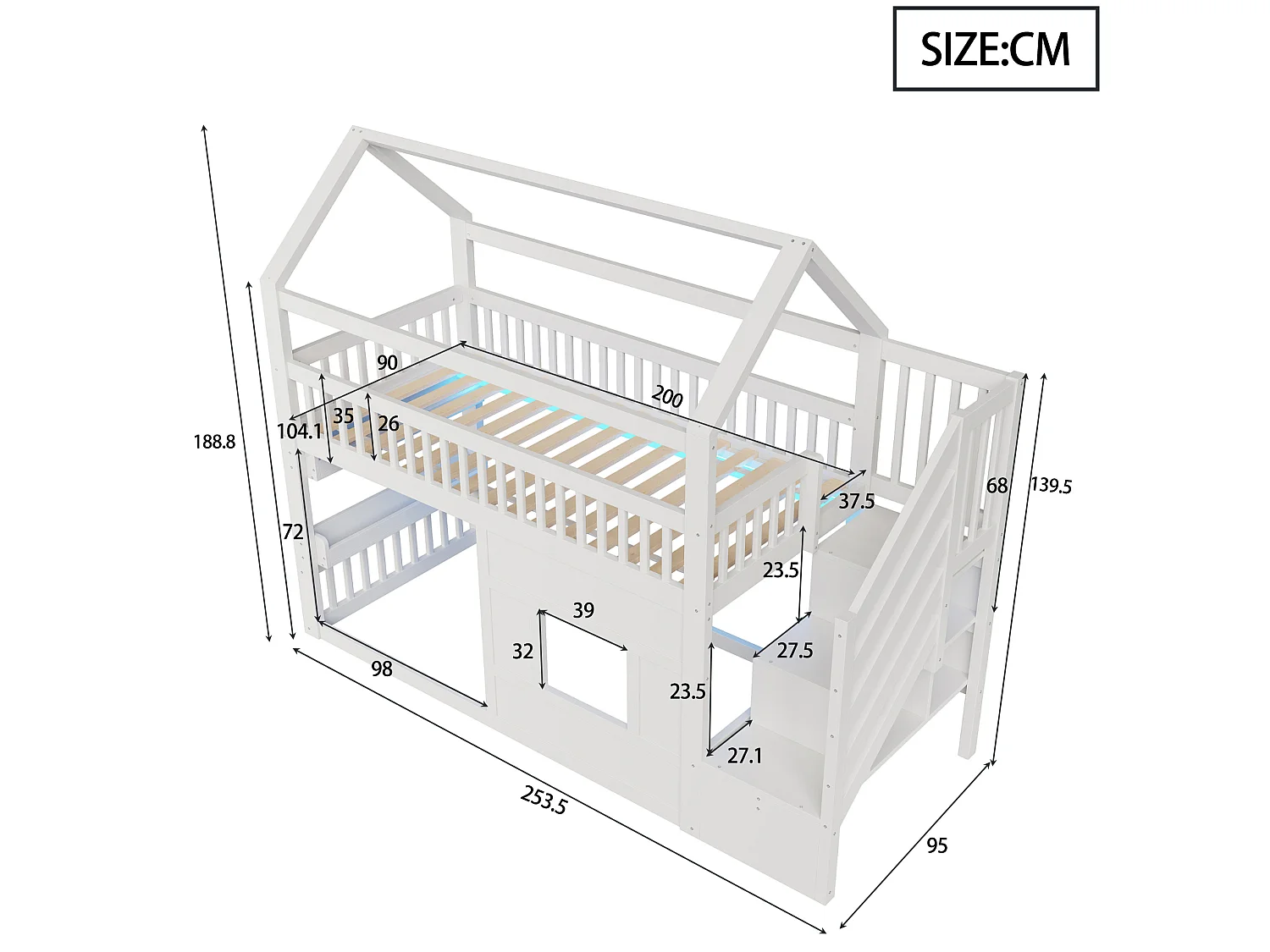 Lit mezzanine enfant 90x200 cm avec escalier de rangement et LED - Lit cabane en bois blanc