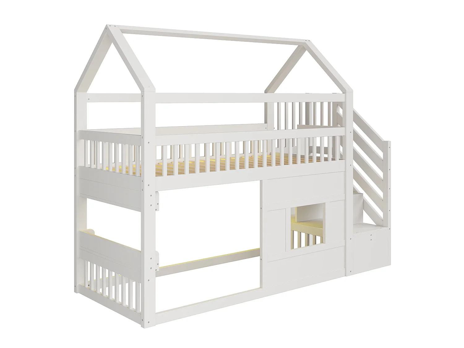 Lit mezzanine enfant 90x200 cm avec escalier de rangement et LED - Lit cabane en bois blanc
