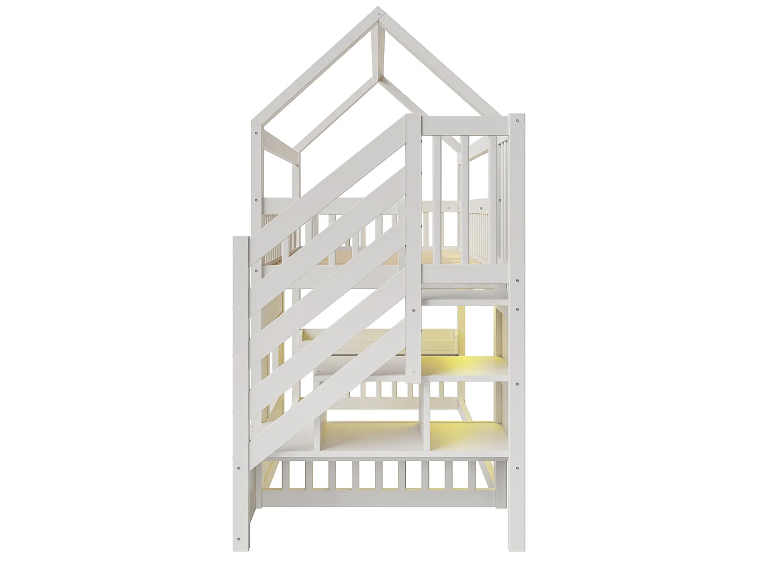 Lit mezzanine enfant 90x200 cm avec escalier de rangement et LED - Lit cabane en bois blanc