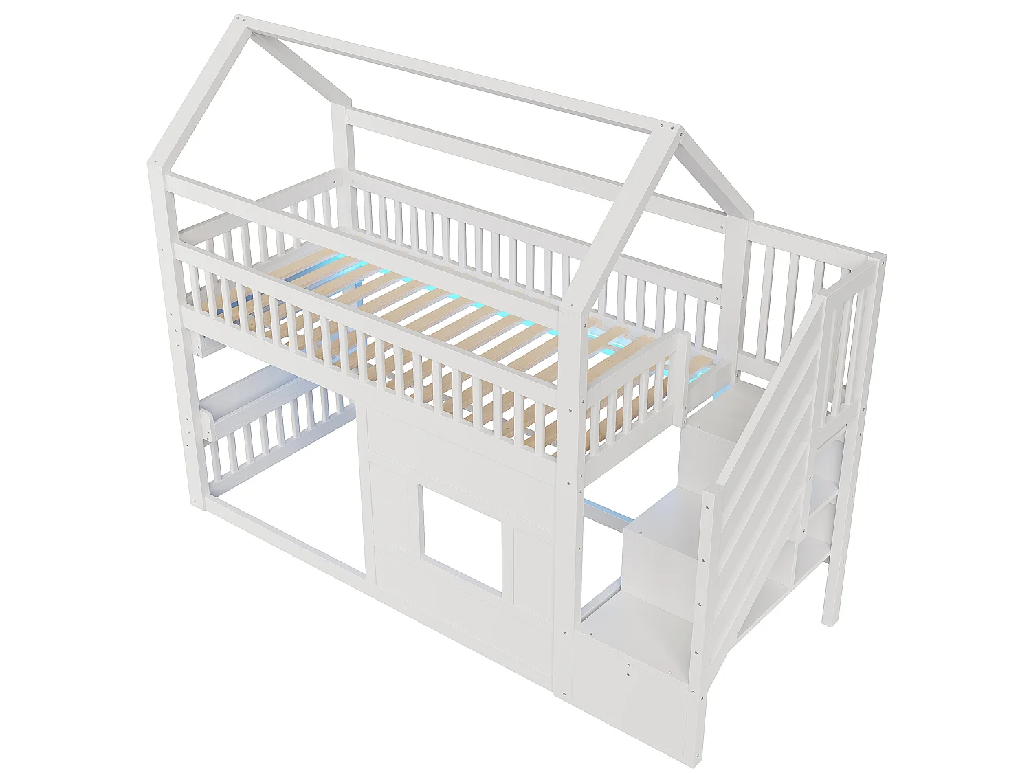 Lit mezzanine enfant 90x200 cm avec escalier de rangement et LED - Lit cabane en bois blanc