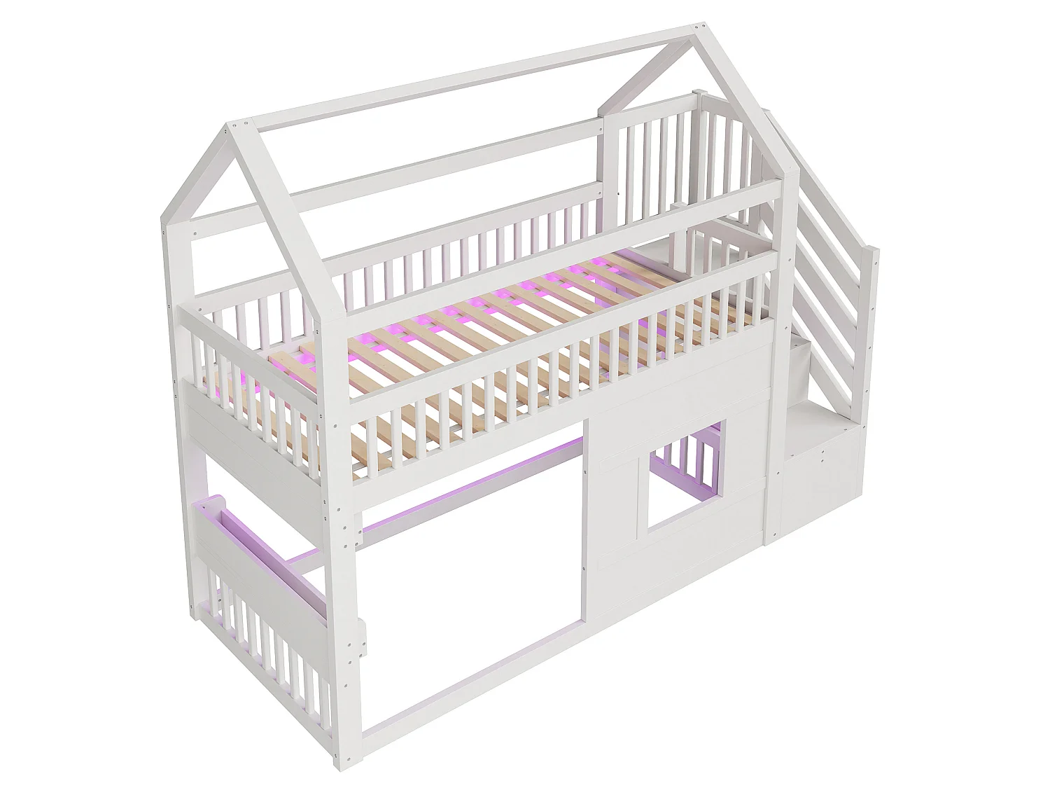 Lit mezzanine enfant 90x200 cm avec escalier de rangement et LED - Lit cabane en bois blanc