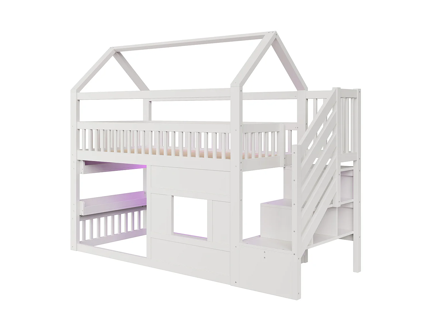 Lit mezzanine enfant 90x200 cm avec escalier de rangement et LED - Lit cabane en bois blanc