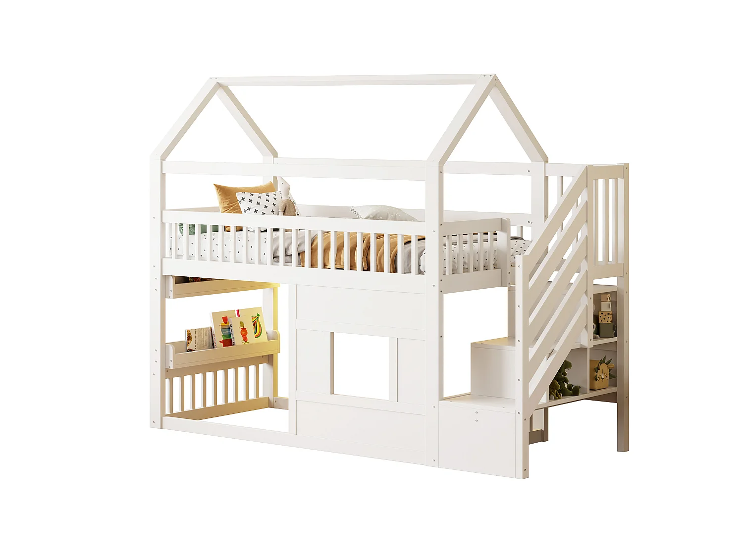 Lit mezzanine enfant 90x200 cm avec escalier de rangement et LED - Lit cabane en bois blanc