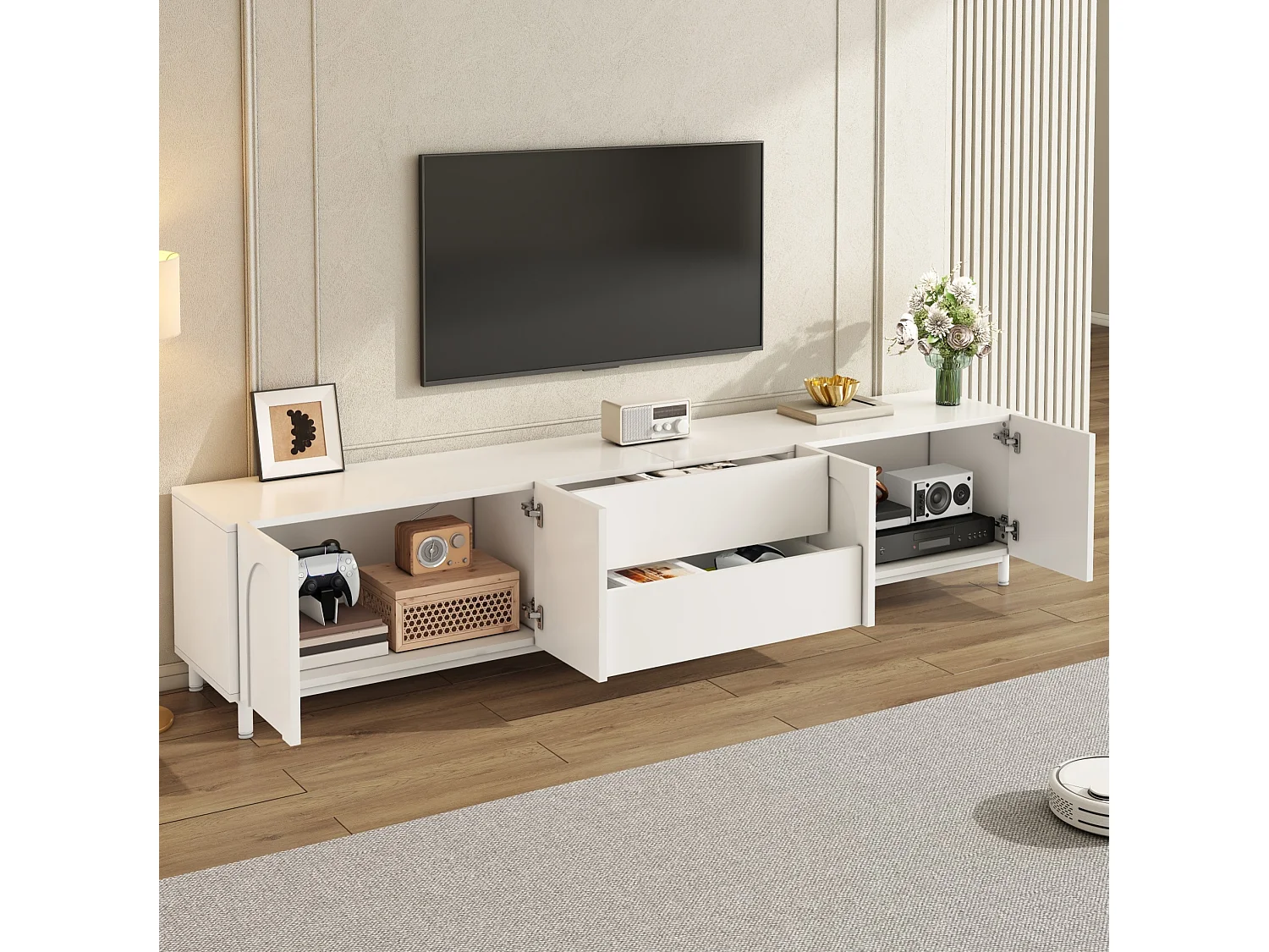 Meuble TV blanc 180x40x48 cm avec 4 portes et 2 tiroirs - Bois en MDF et PB