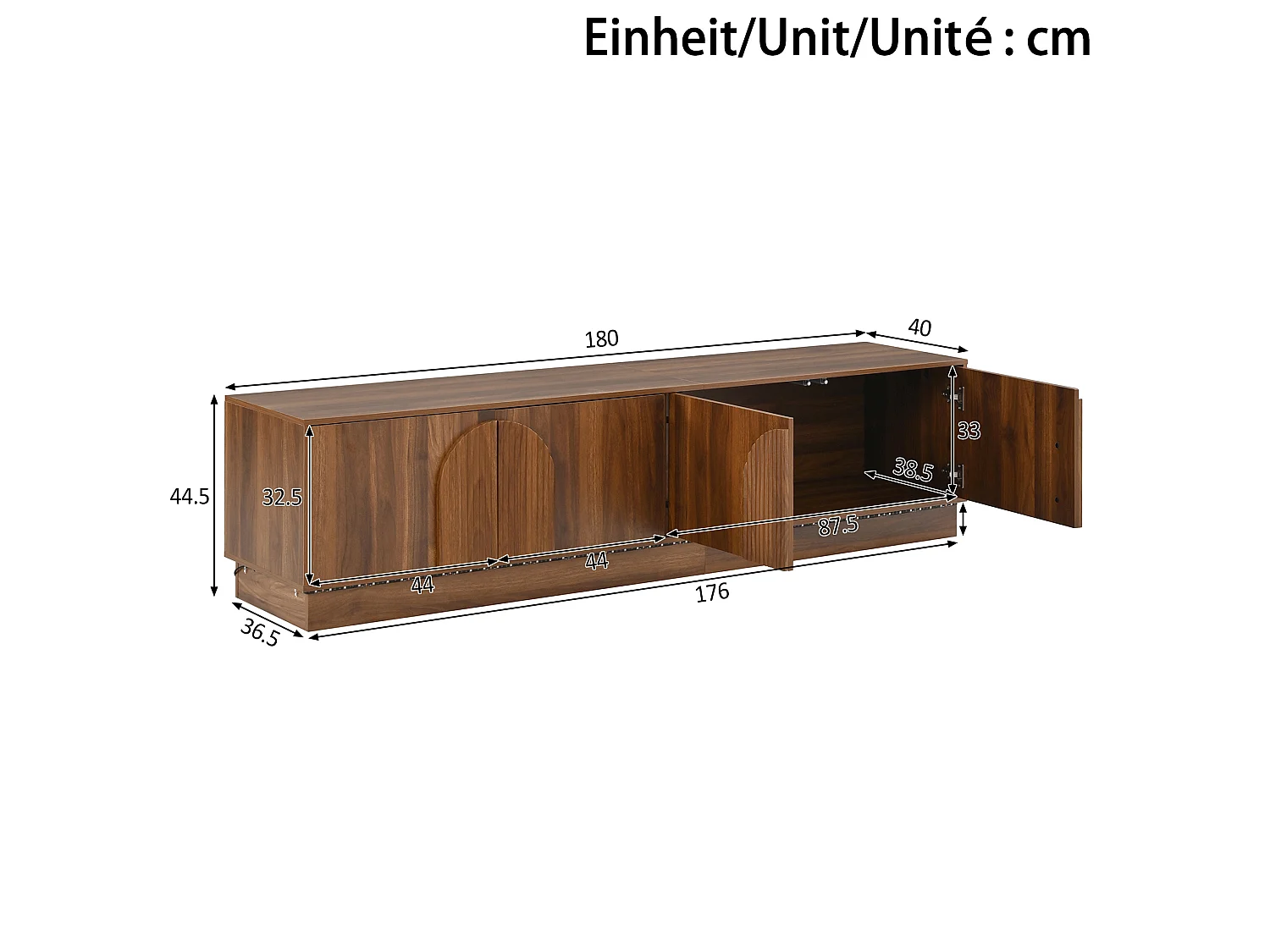 Tv-standaard met 4 deuren, ledverlichting en kabelmanagement - Bruin 180 x 40 x 44,5 cm