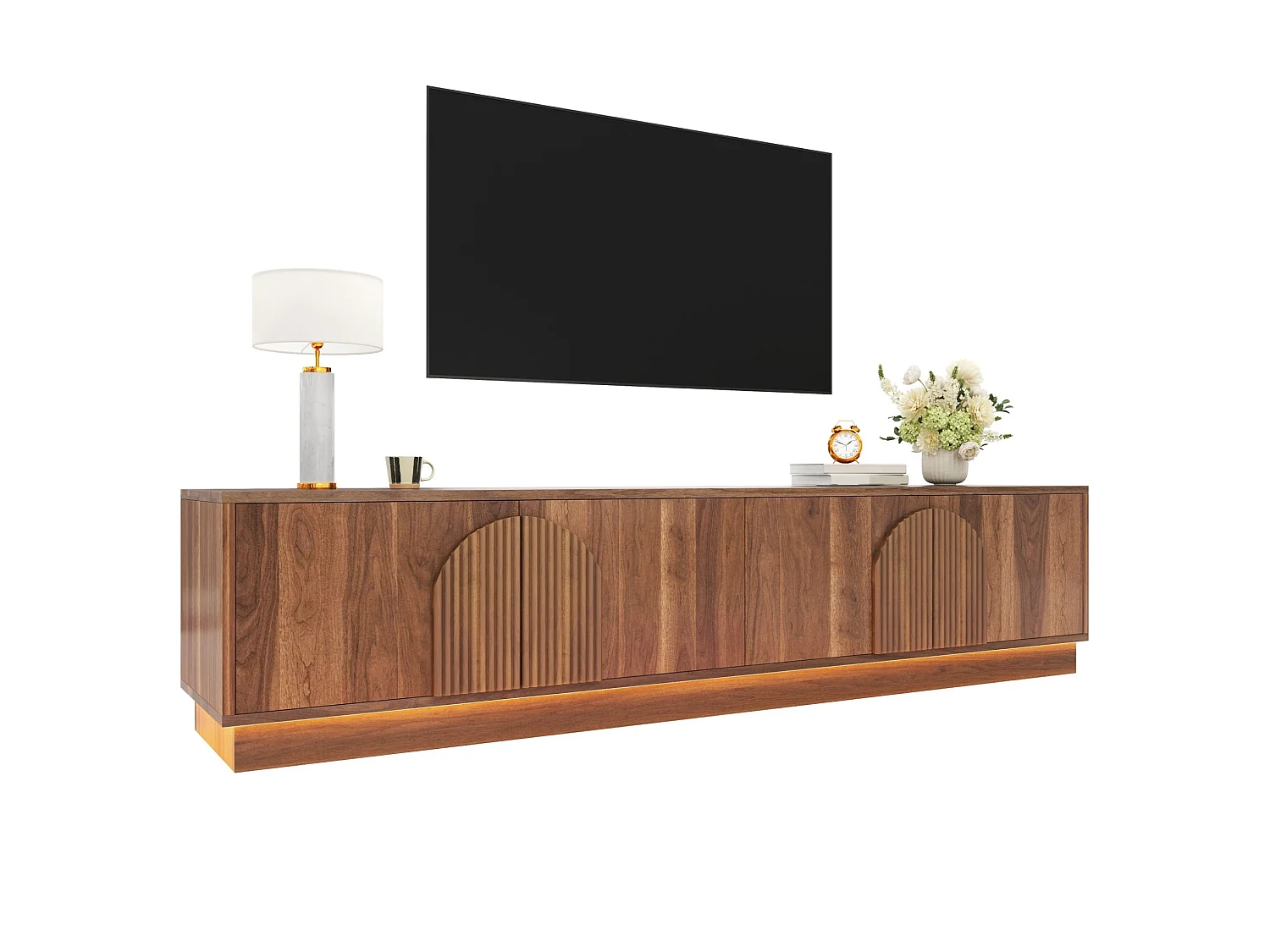 Tv-standaard met 4 deuren, ledverlichting en kabelmanagement - Bruin 180 x 40 x 44,5 cm
