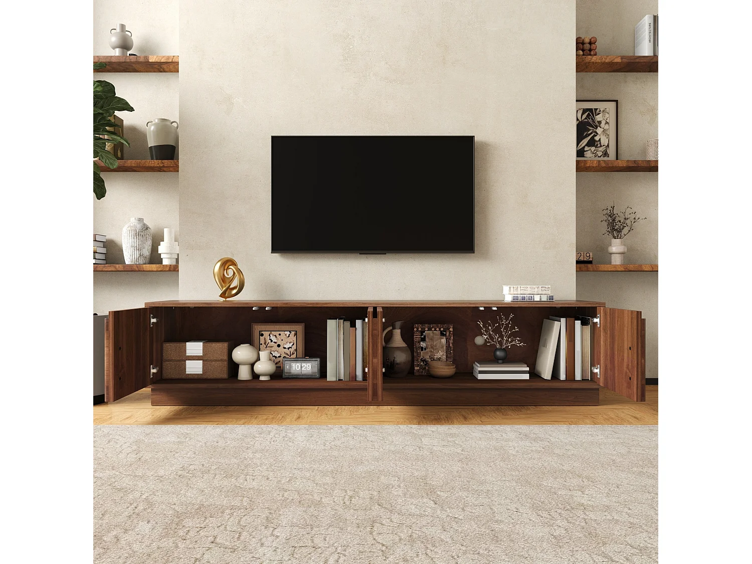 Tv-standaard met 4 deuren, ledverlichting en kabelmanagement - Bruin 180 x 40 x 44,5 cm