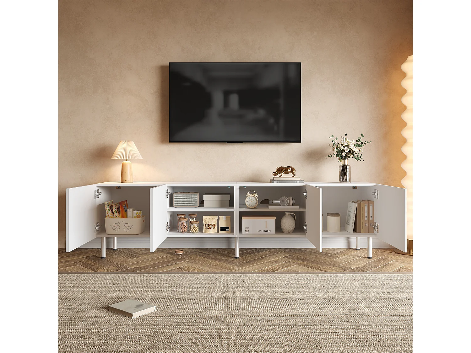 Gebogen tv-meubel met 4 deuren - Wit 170 x 35 x 50 cm