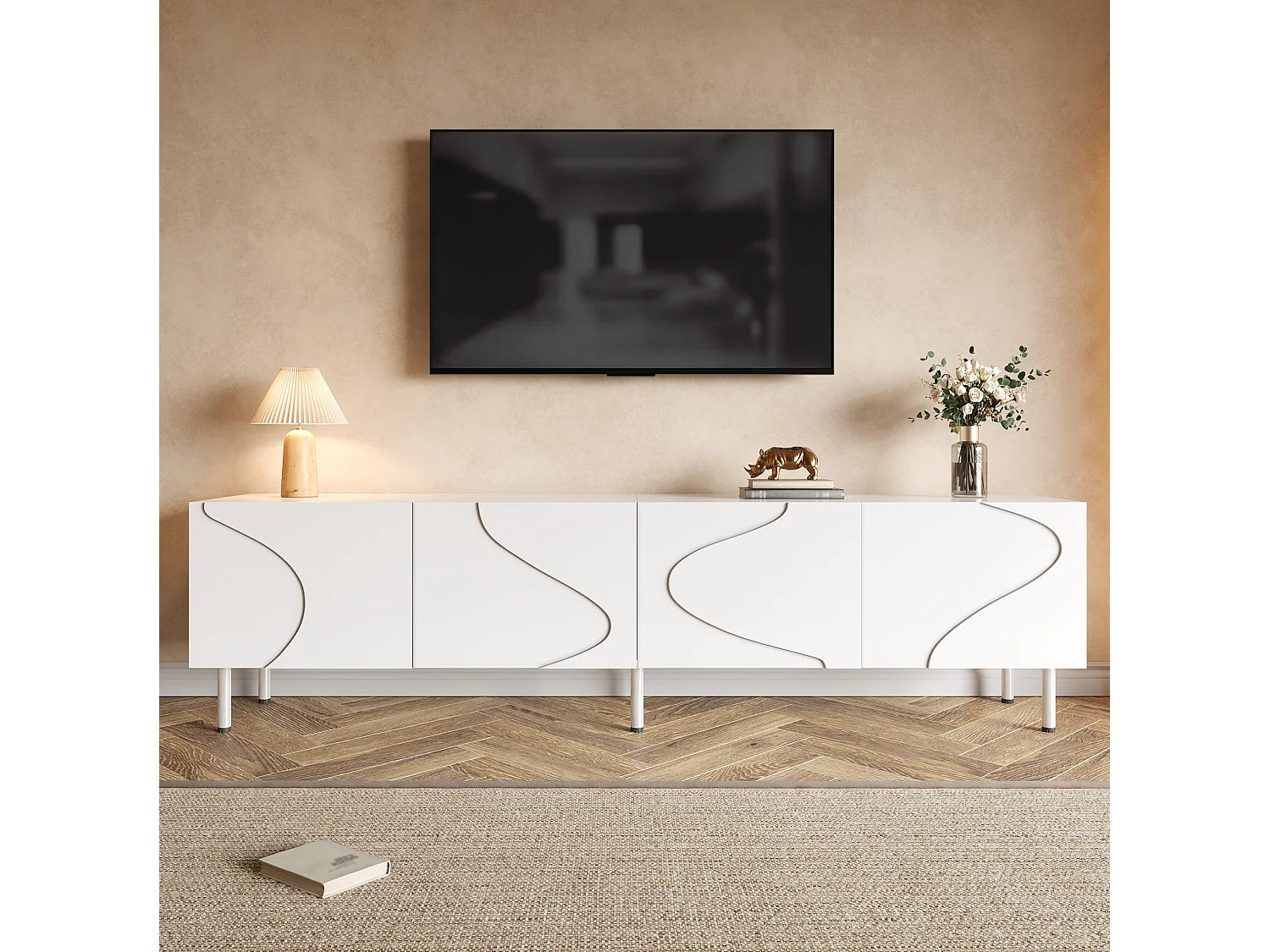 Gebogen tv-meubel met 4 deuren - Wit 170 x 35 x 50 cm